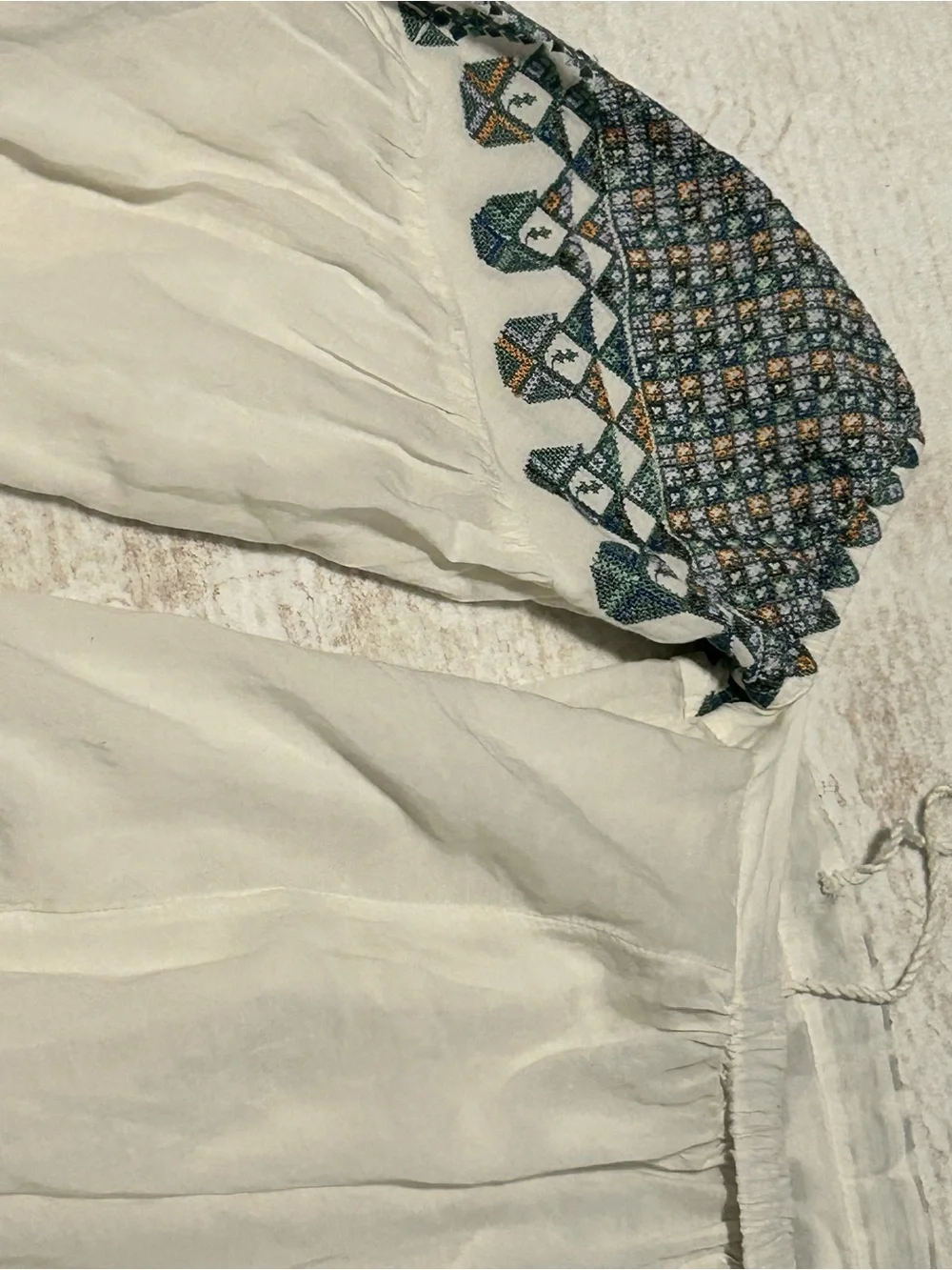Free People Boho White Off-Shoulder Tunic with Teal Embroidery